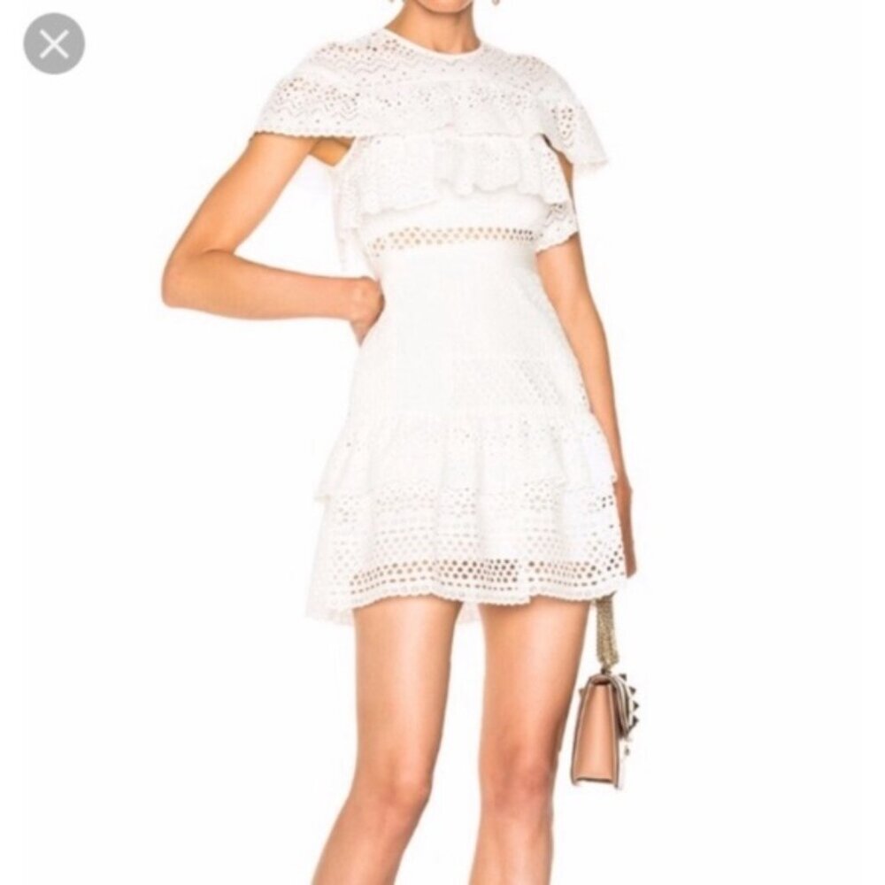 Self Portrait White Cotton Floral Broderie Ruffled Mini Dress | $475 | UK8/US4
